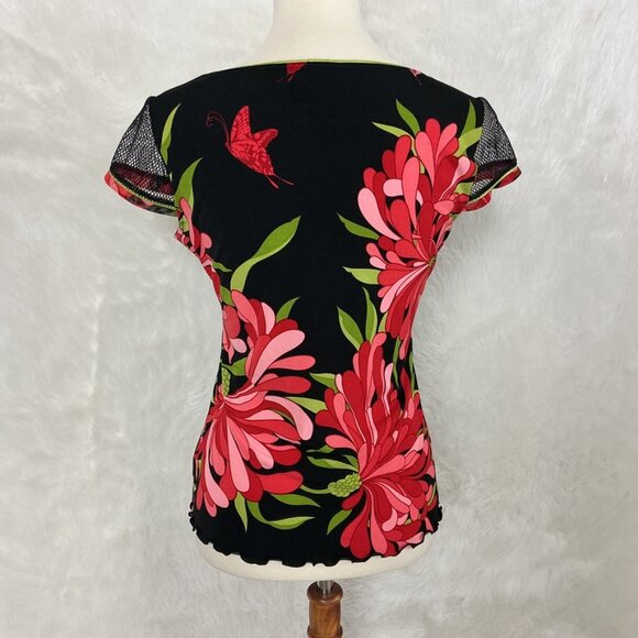 Anac Short Sleeve Mesh Floral Butterfly Black Pink Red T-Shirt L - Picture 4 of 7